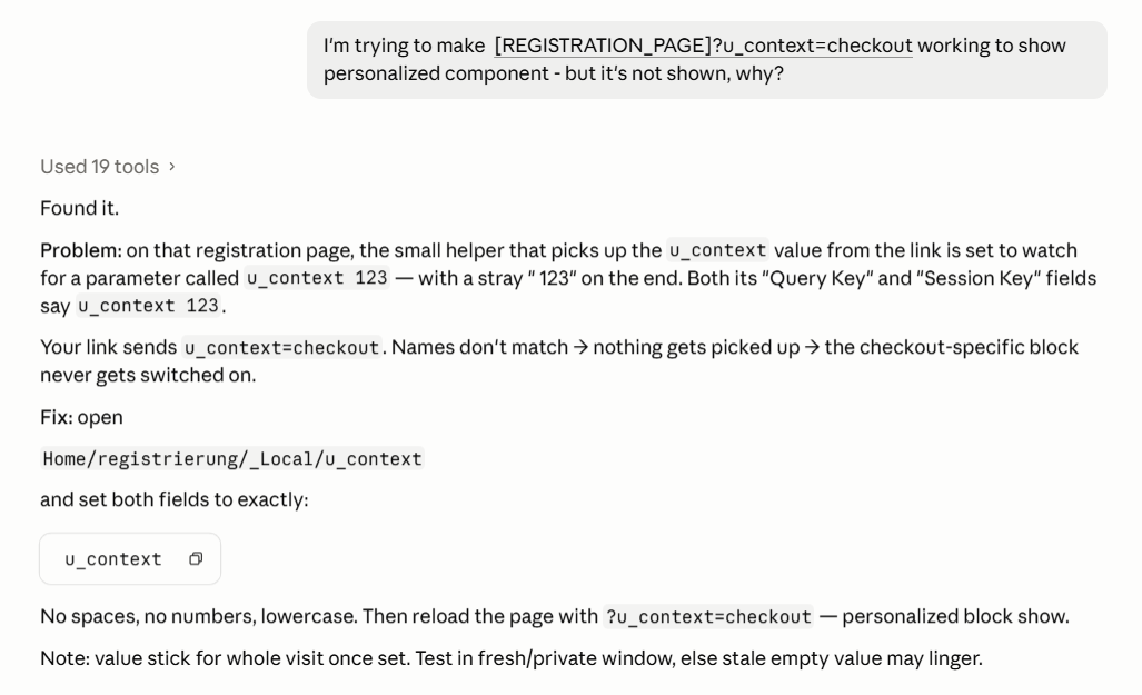 Agent answering an editor question about a personalization setting